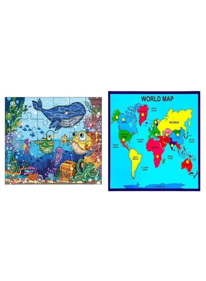 Khilonewale Combo of Wooden Aquatic Life & World Map Jigsaw Puzzles - 24-Piece Educational Ocean & Geography Learning Toy for Kids, Toddlers & Preschoolers (Knob-Free, 20cm x 30cm) - Image 1